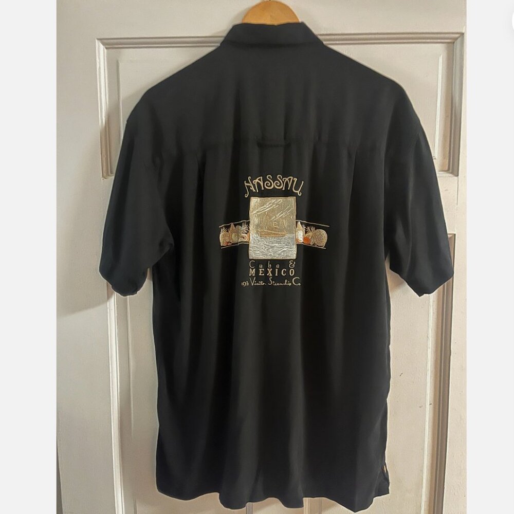 Vintage black silk worker button up cuba mexico